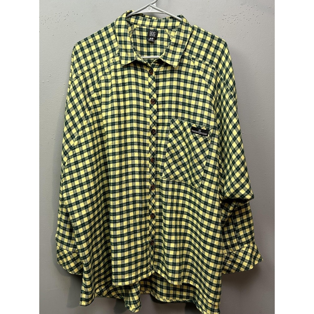 BDG Button Down Women Medium Yellow Green Plaid Oversized Shirt 003/47 Urban Std